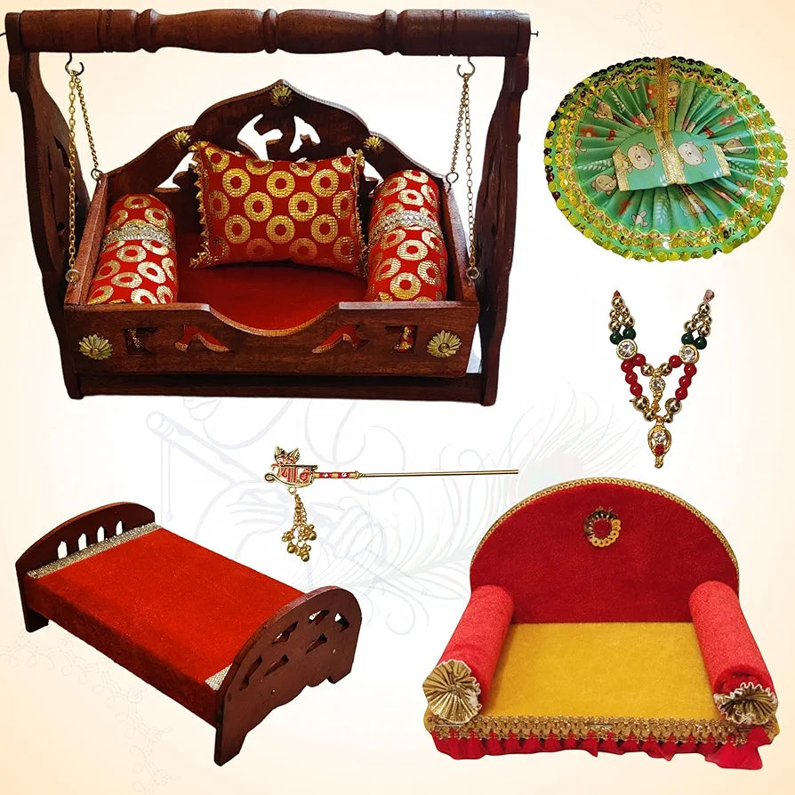 TATV QALAA Janmashtami Special Combo(2 no kanha/Laddu Gopal, Wooden Jhula, Wooden Bed, Singhasan, Krishna Dress, Mala, Basuri for for Home/Mandir & Office Decorative Showpiece