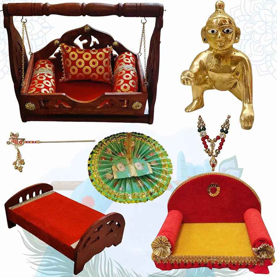 TATV QALAA Janmashtami Special Combo(2 no kanha/Laddu Gopal, Wooden Jhula, Wooden Bed, Singhasan, Krishna Dress, Mala, Basuri for for Home/Mandir & Office Decorative Showpiece