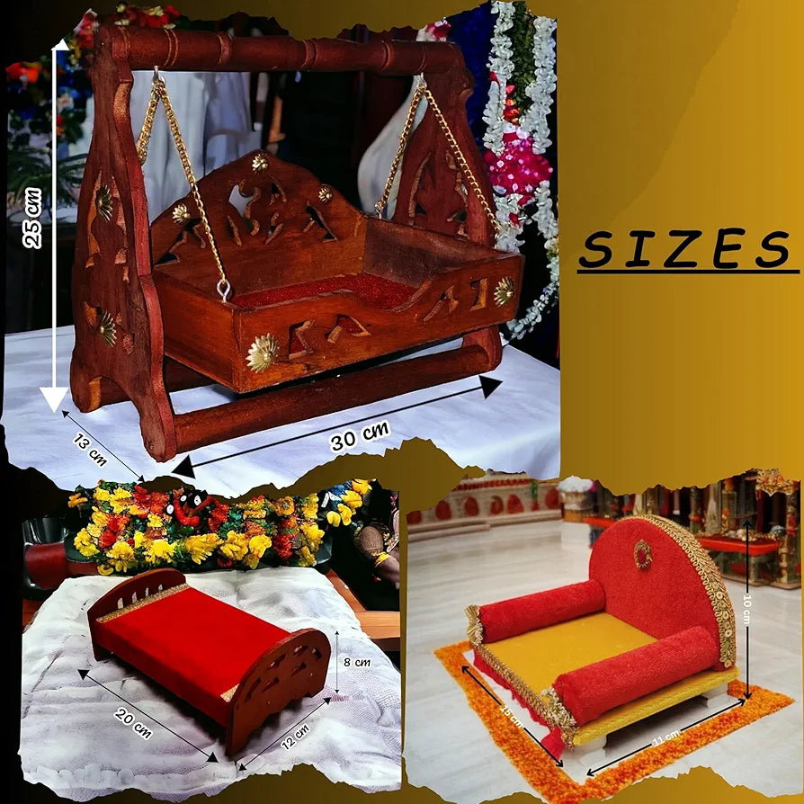 TATV QALAA Janmashtami Special Combo(2 no kanha/Laddu Gopal, Wooden Jhula, Wooden Bed, Singhasan, Krishna Dress, Mala, Basuri for for Home/Mandir & Office Decorative Showpiece
