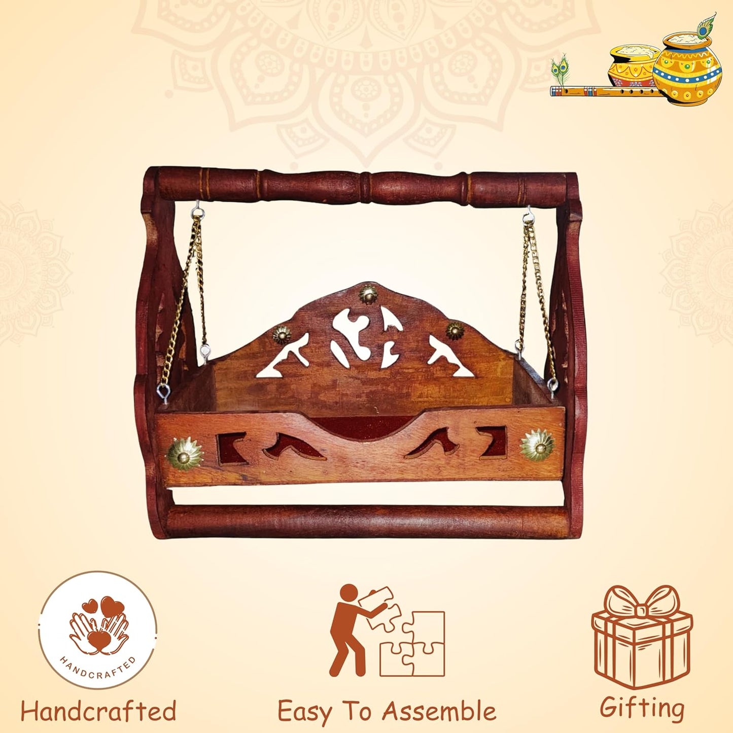 Sheesham Wood Laddu Gopal/Bal Gopal Jhula/Swing/Palna/Krishna Janamashtmi/for Home, Mandir & Office Decorative Showpiece (30cm x 25cm x 13cm)