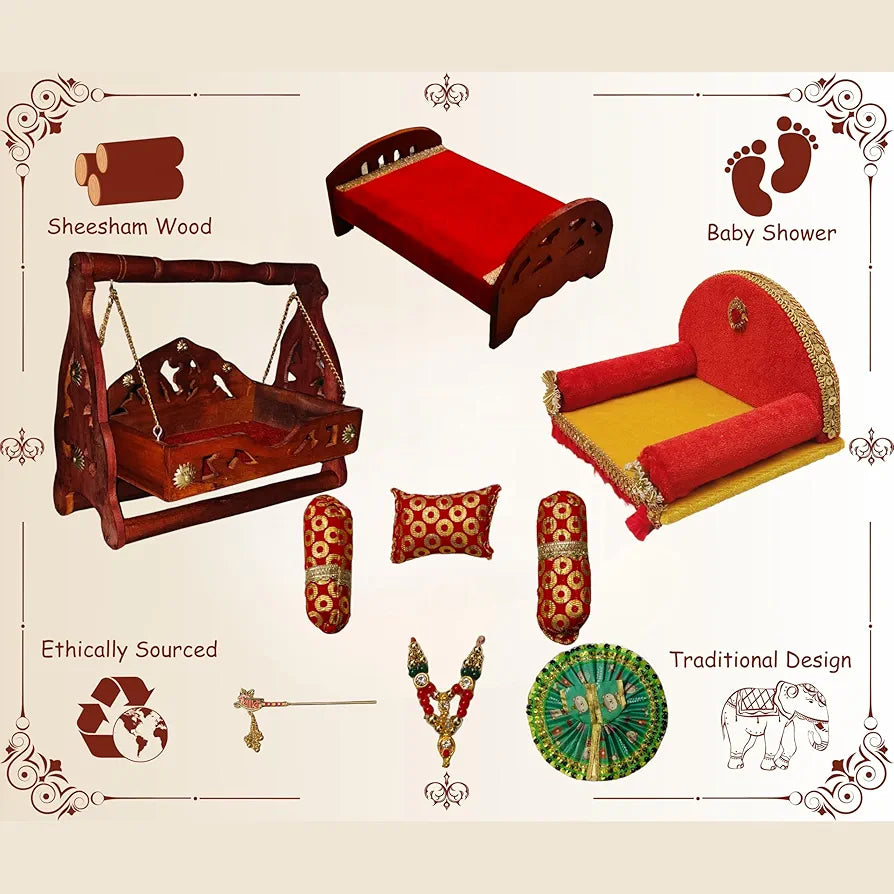 TATV QALAA Janmashtami Special Combo(2 no kanha/Laddu Gopal, Wooden Jhula, Wooden Bed, Singhasan, Krishna Dress, Mala, Basuri for for Home/Mandir & Office Decorative Showpiece