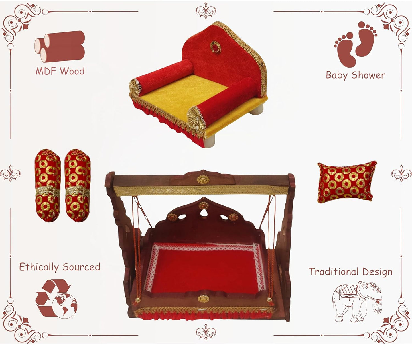 TATV QALAA Janmashtami Special Combo/Wooden Jhula/Palna, Kanha Dome Singhasan for Laddu Gopal/for Home/Mandir & Office Decorative Showpiece (24cm x 13cm x 28 cm)
