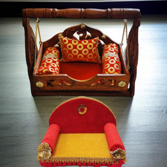 TATV QALAA Janmashtami Special Combo/Wooden Jhula/Palna, Kanha Singhasan, Pillow for 0 to 5 No Laddu Gopal/for Home/Mandir & Office Decorative Showpiece (30cm x 25cm x 13cm)
