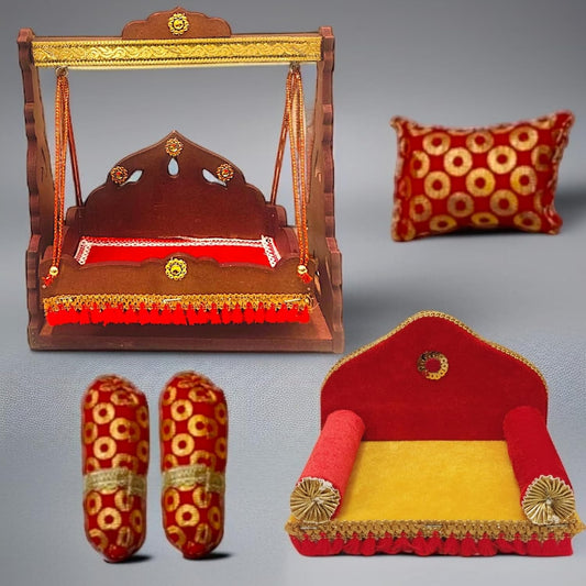 TATV QALAA Janmashtami Special Combo/Wooden Jhula/Palna, Kanha Dome Singhasan for Laddu Gopal/for Home/Mandir & Office Decorative Showpiece (24cm x 13cm x 28 cm)