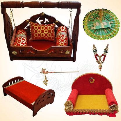 TATV QALAA Janmashtami Special Combo(2 no kanha/Laddu Gopal, Wooden Jhula, Wooden Bed, Singhasan, Krishna Dress, Mala, Basuri for for Home/Mandir & Office Decorative Showpiece