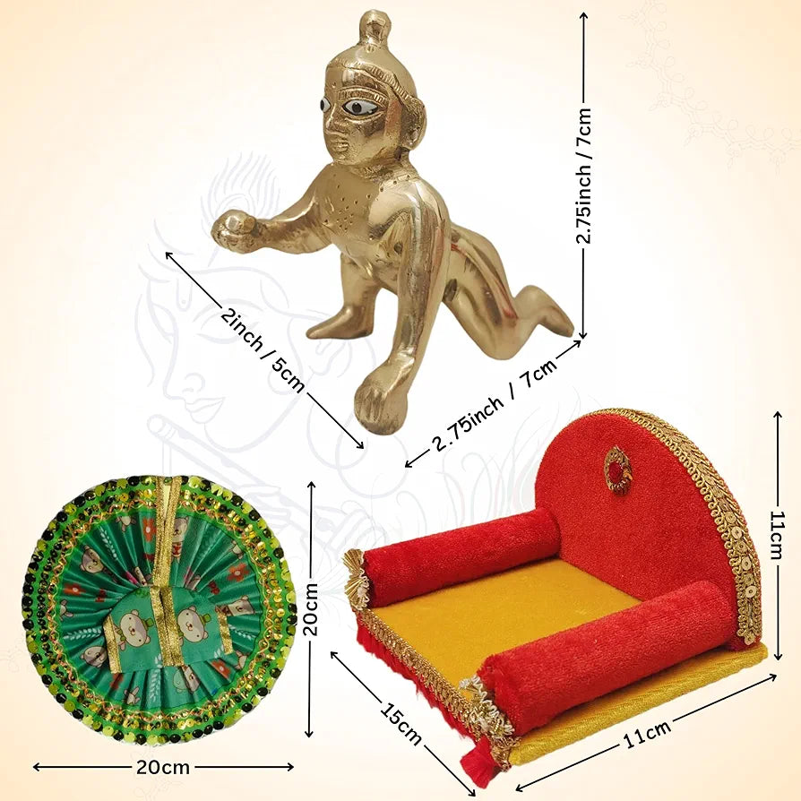 TATV QALAA Janmashtami Special Combo(2 no kanha/Laddu Gopal, Wooden Jhula, Wooden Bed, Singhasan, Krishna Dress, Mala, Basuri for for Home/Mandir & Office Decorative Showpiece