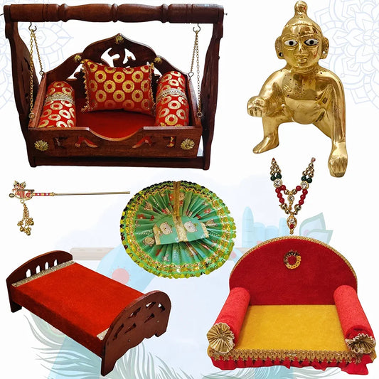 TATV QALAA Janmashtami Special Combo(2 no kanha/Laddu Gopal, Wooden Jhula, Wooden Bed, Singhasan, Krishna Dress, Mala, Basuri for for Home/Mandir & Office Decorative Showpiece