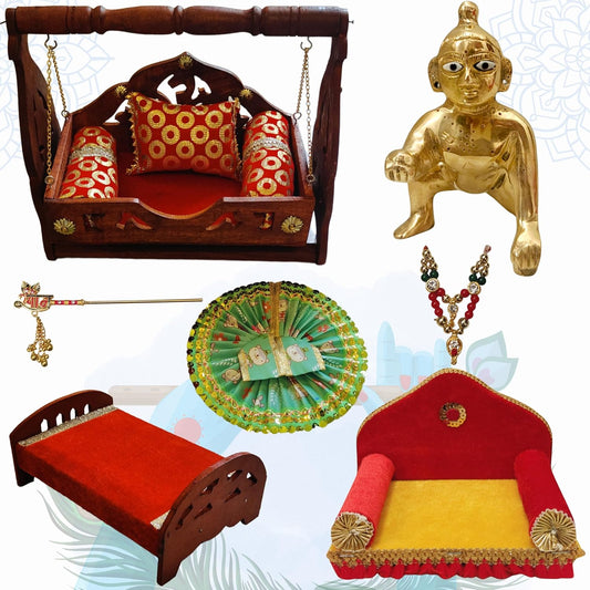 TATV QALAA Janmashtami Special Combo(2 no kanha/Laddu Gopal, Wooden Jhula, Wooden Bed, Dome Singhasan, Krishna Dress, Mala, Basuri for for Home/Mandir & Office Decorative Showpiece