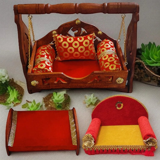 TATV QALAA Janmashtami Special Combo/Wooden Jhula/Palna, Wooden Bed, Kanha Singhasan, Pillow for 0 to 5 No Laddu Gopal/for Home/Mandir & Office Decorative Showpiece 