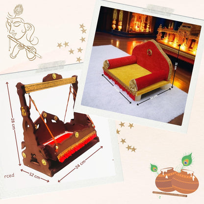 TATV QALAA Janmashtami Special Combo/Wooden Jhula/Palna, Kanha Dome Singhasan for Laddu Gopal/for Home/Mandir & Office Decorative Showpiece (24cm x 13cm x 28 cm)